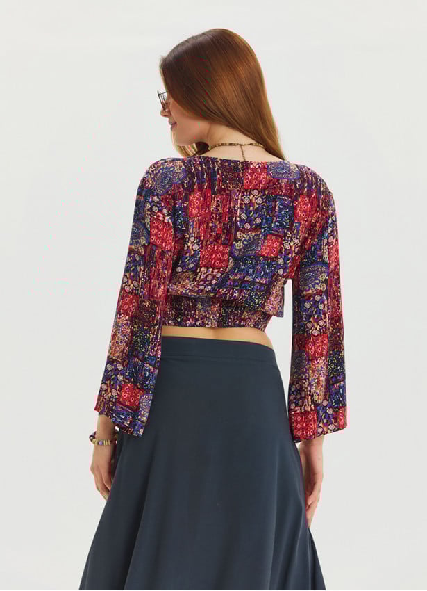 P V Neck Button Detailed Red Summer Blouse 4608